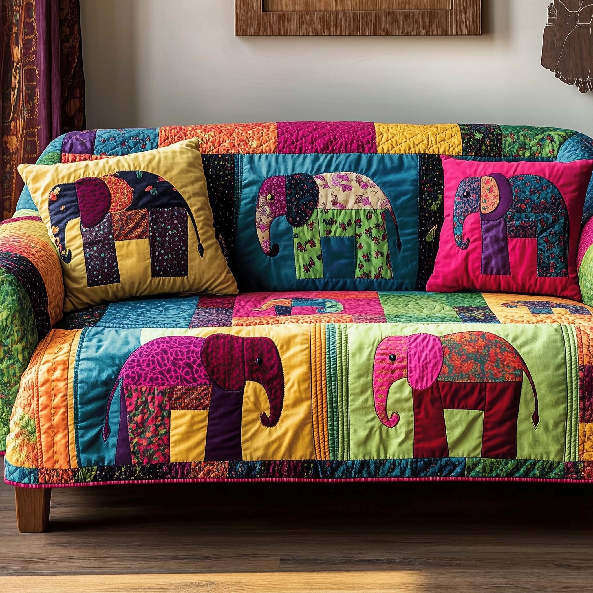 Vivid Pink and Purple Elephants Sofa Cover