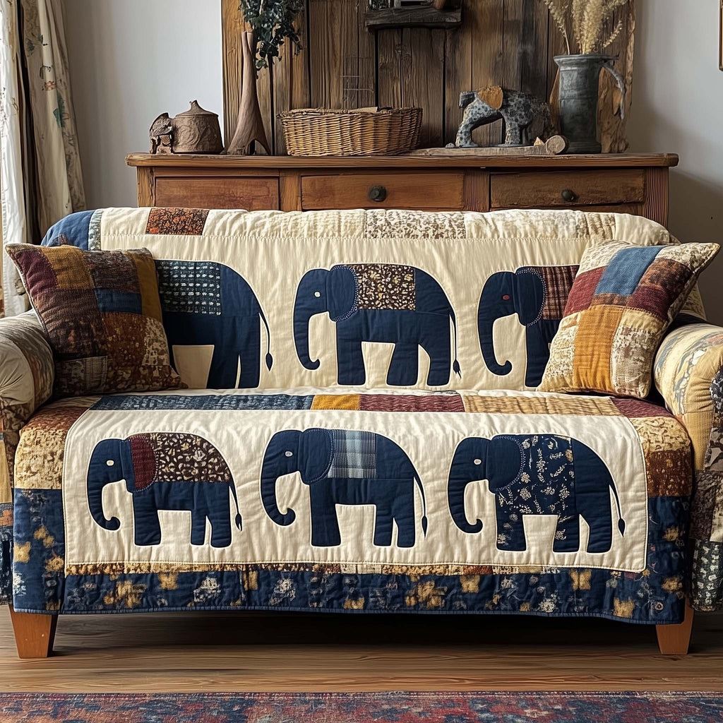 Navy Elephants on Cream Bands Sofa Cover