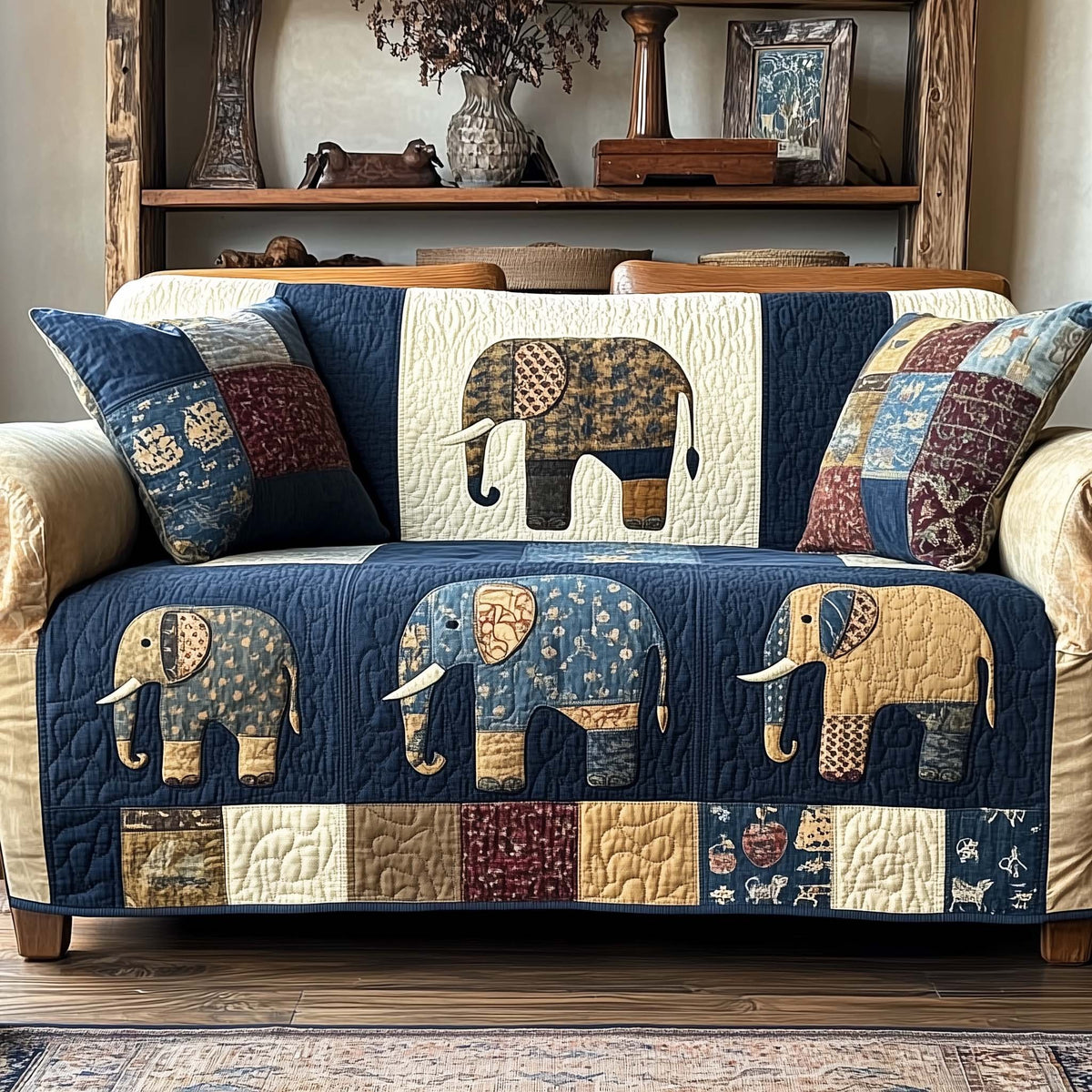 Patterned Elephants on Navy and Cream Sofa Cover