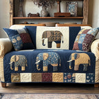 Patterned Elephants on Navy and Cream Sofa Cover