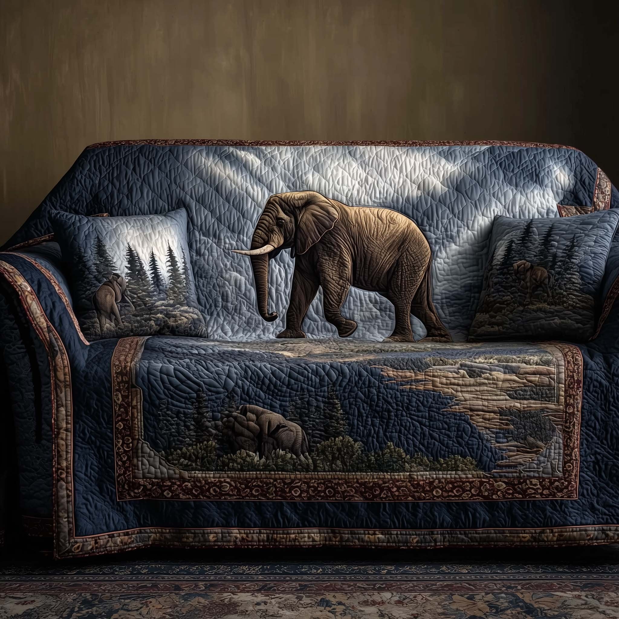 Elephant on the Dark Blue Ridge Sofa Cover