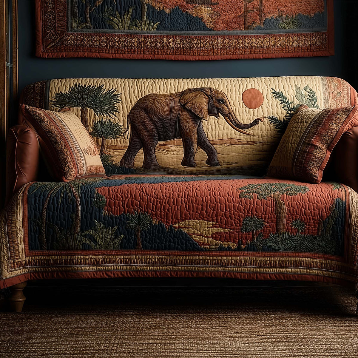 Elephant Crossing the Red Savanna Sofa Cover