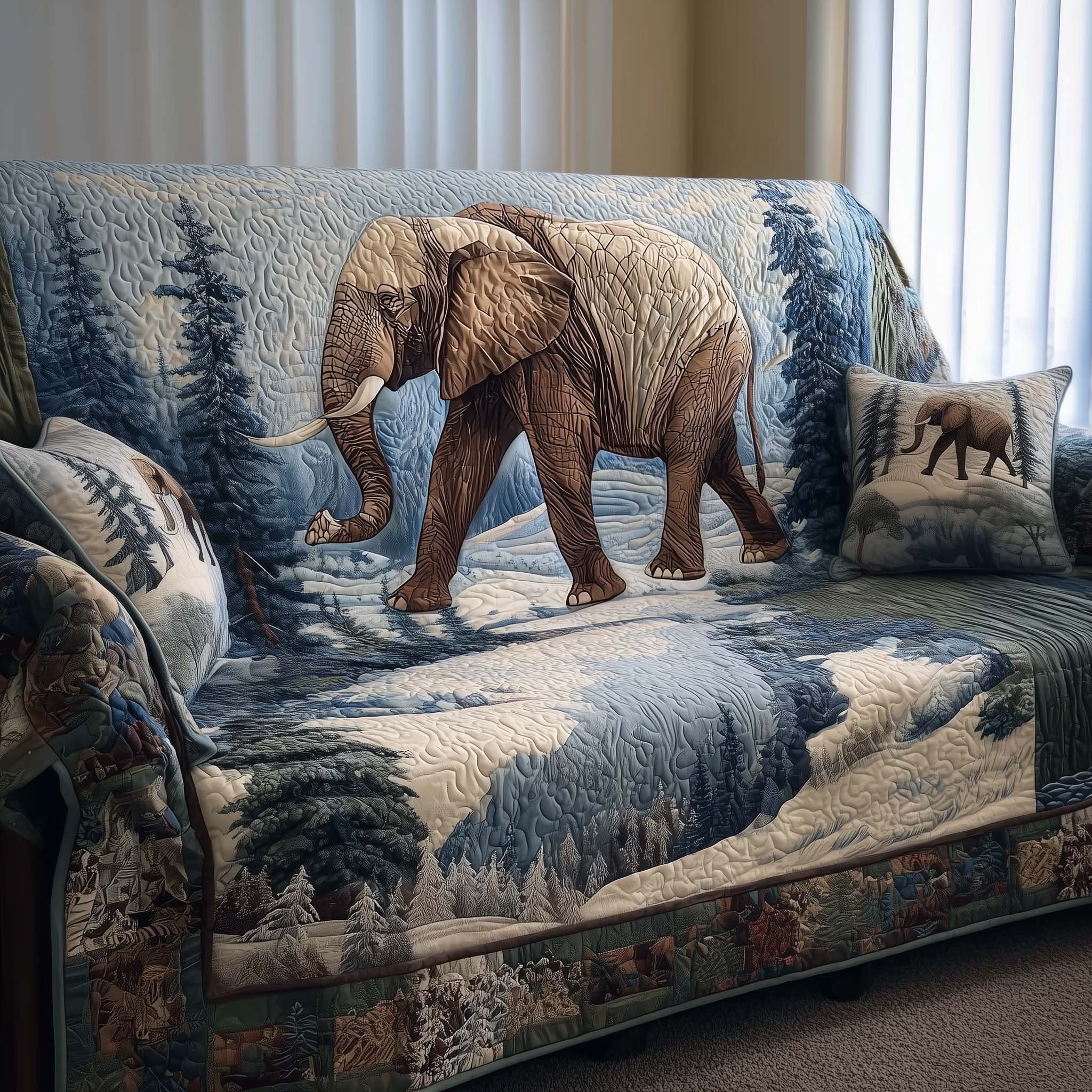 Elephants in the Snowy Blue Forest Sofa Cover