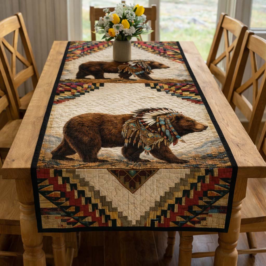 Bear with Feathered Headdress on Cream Table Runner