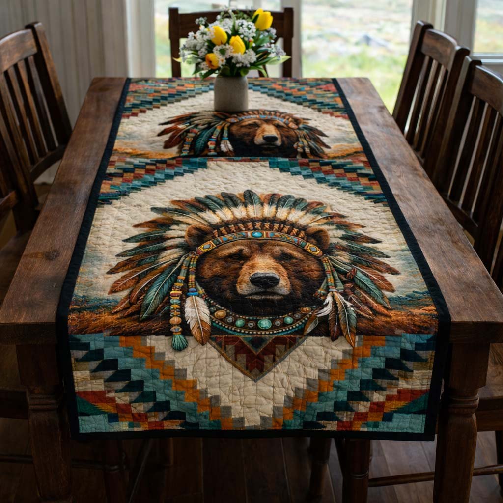 Bear Portrait in Feathered Headdress Table Runner
