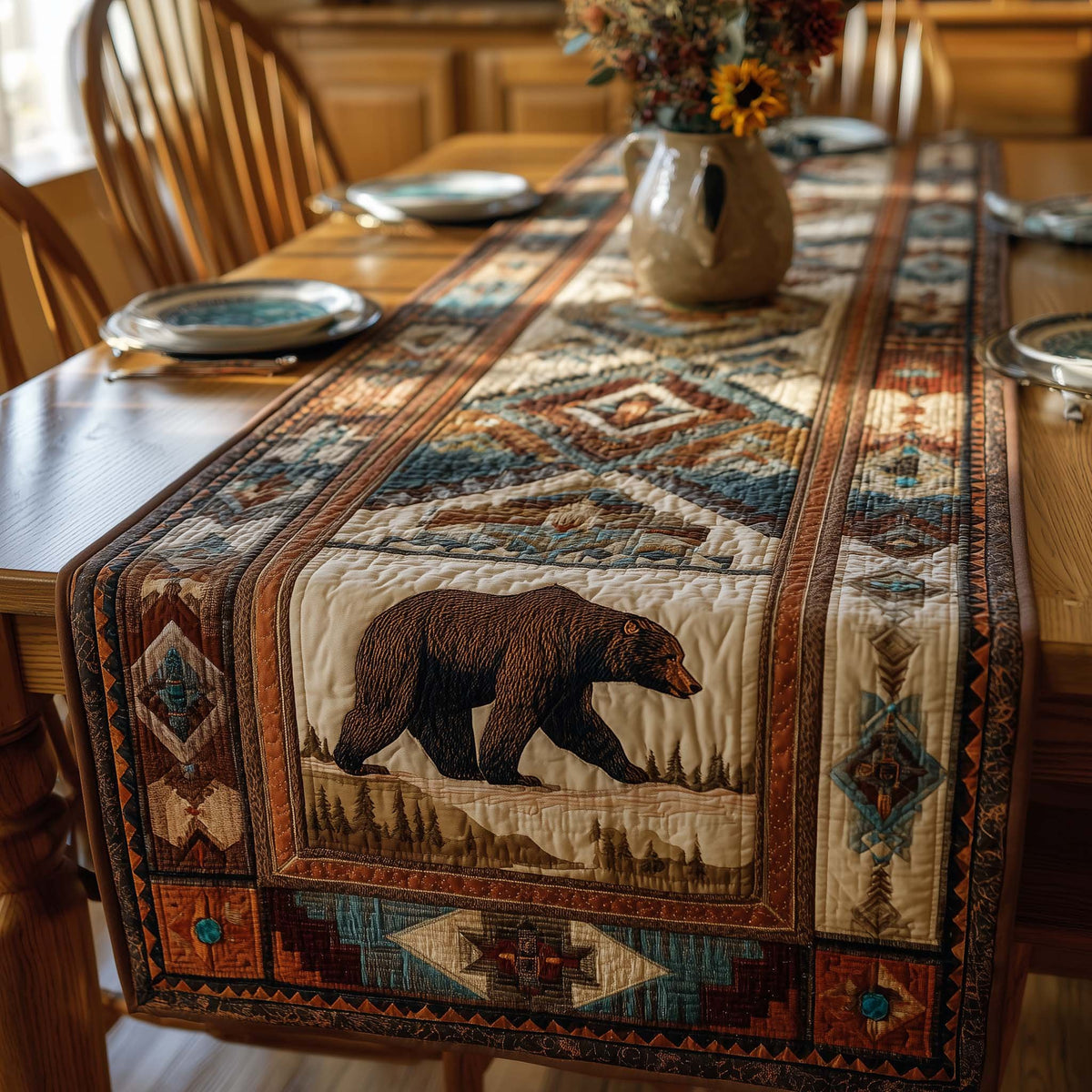 Walking Bear on Southwestern Panel Table Runner