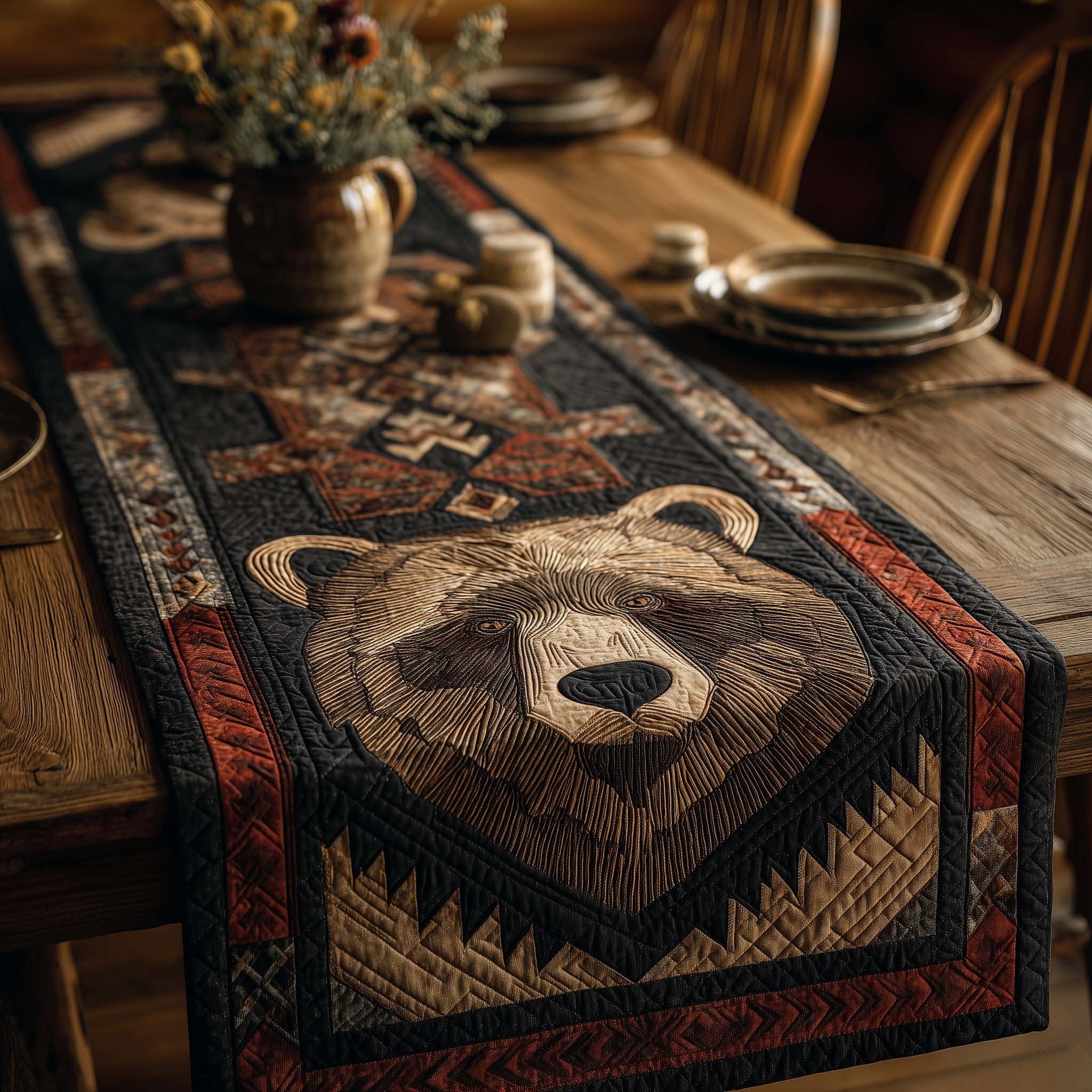 Bear Face on Navy Patchwork Table Runner