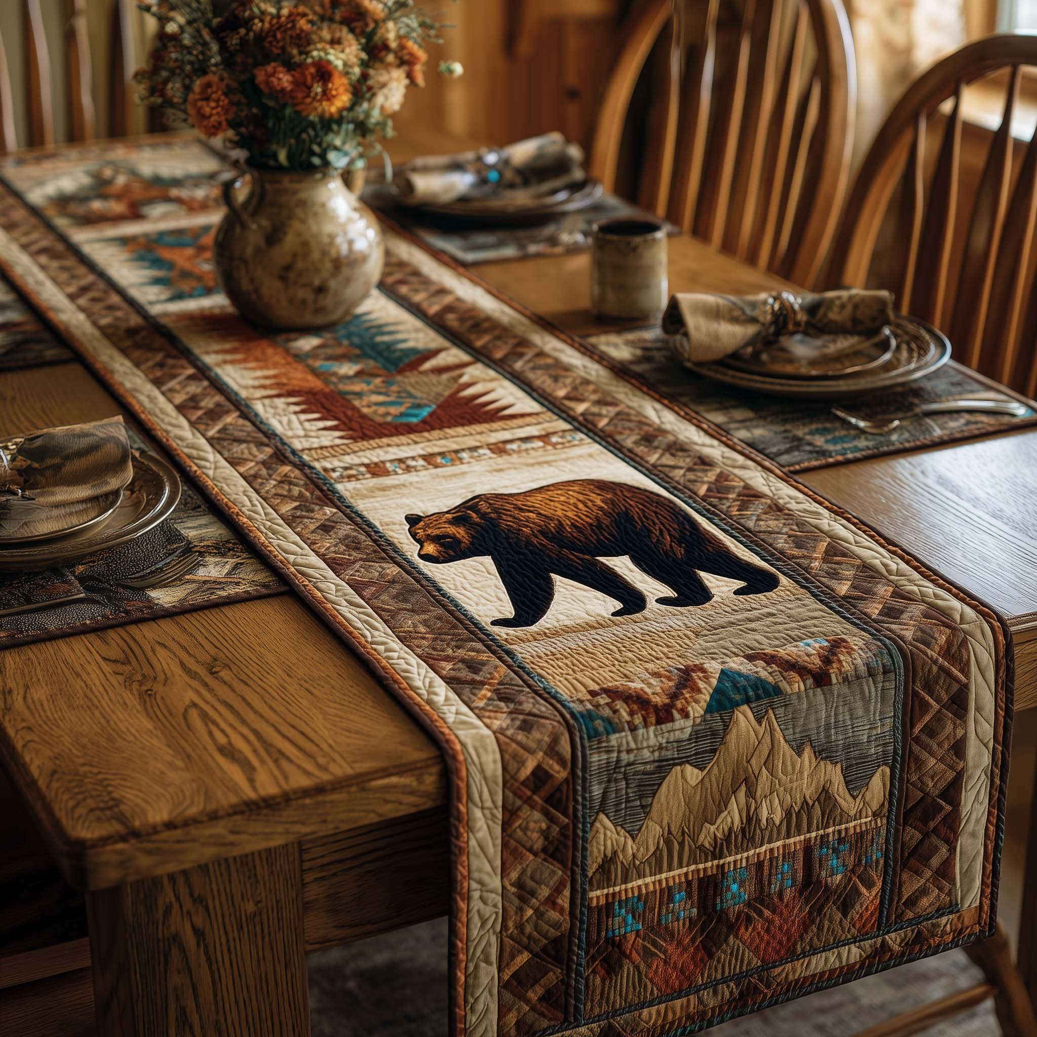 Bear on Rustic Mountain Panel Table Runner