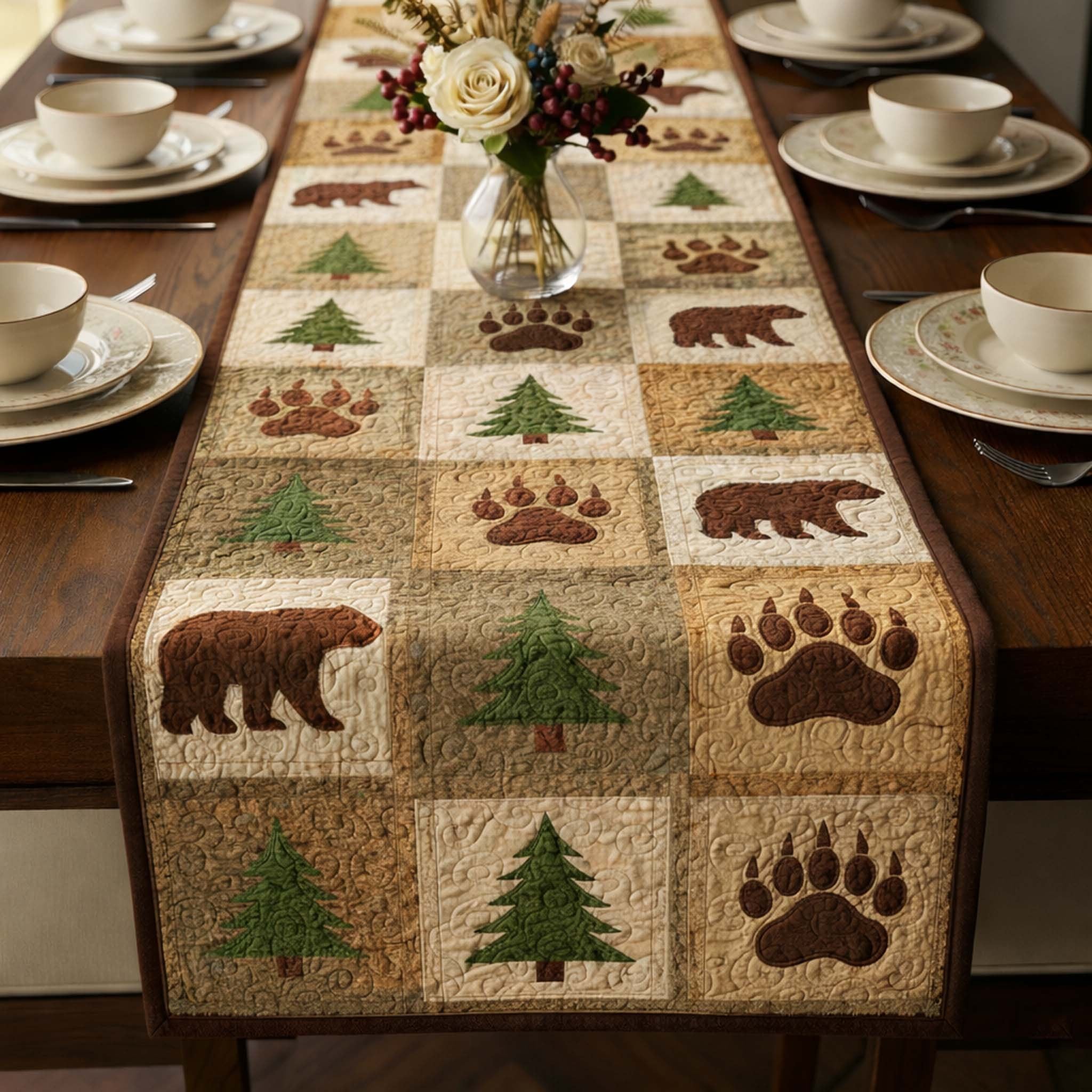 Bear and Pine Checkerboard Squares Table Runner