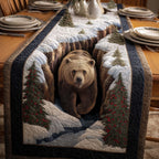 Bear Between Snowy Pine Trees Table Runner
