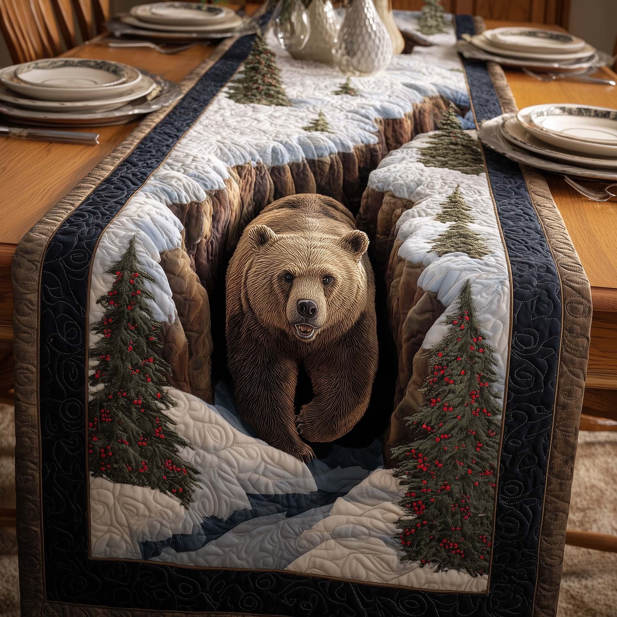 Bear Between Snowy Pine Trees Table Runner