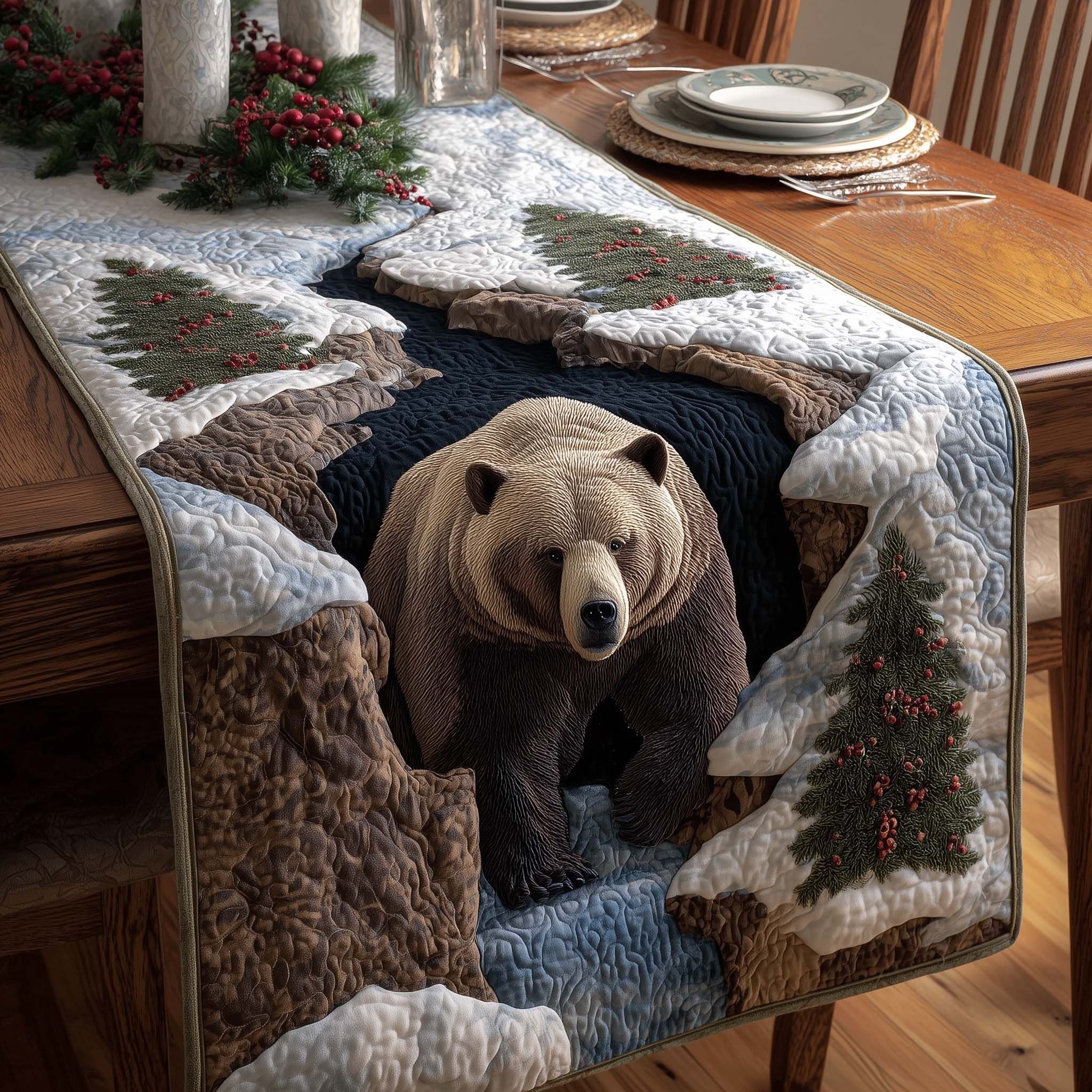 Bear Walking Through Snowy Woods Table Runner