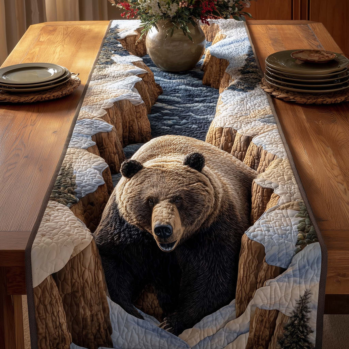 Close Brown Bear Head Portrait Table Runner