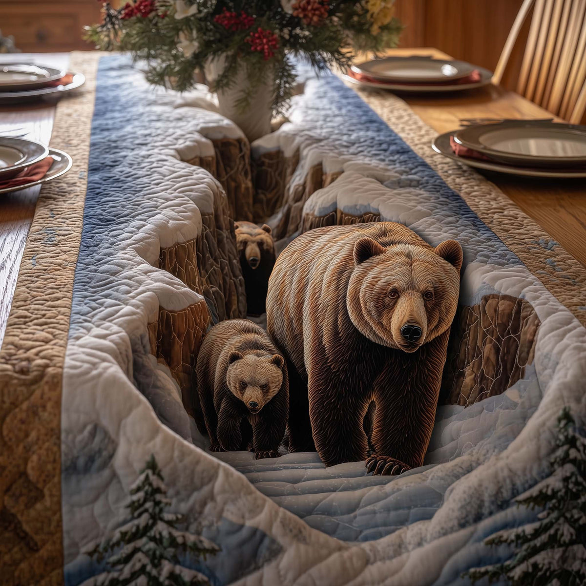 Bear Family in Winter Forest Table Runner