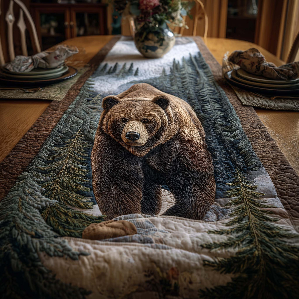 Bear Standing Among Frosted Firs Table Runner