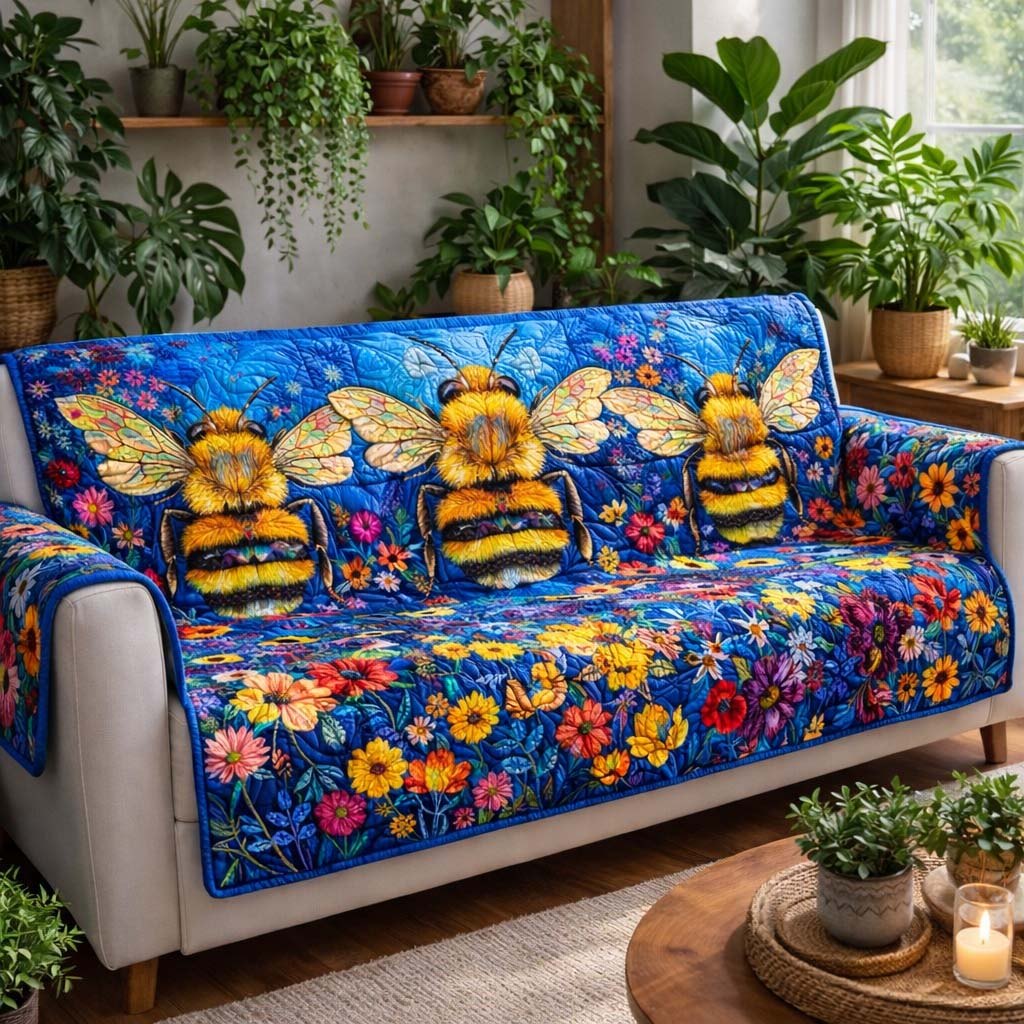 Blue Meadow Bees Sofa Cover