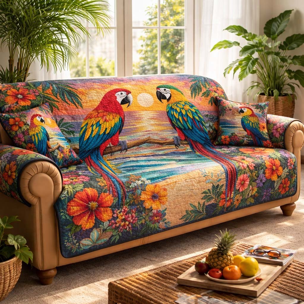 Macaws at the Tropical Sunset Sofa Cover