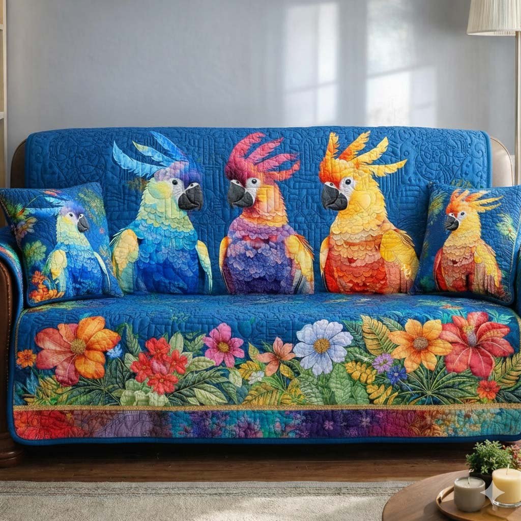 Pastel Cockatoos on Blue Blooms Sofa Cover