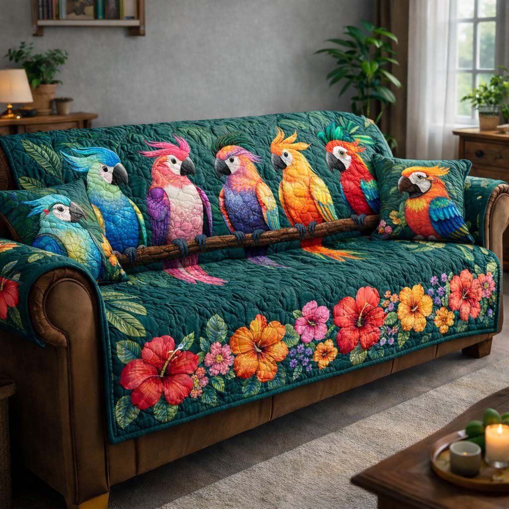 Parrot Row Above the Hibiscus Sofa Cover
