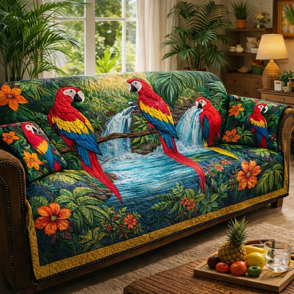 Macaws Beside the Jungle Waterfall Sofa Cover