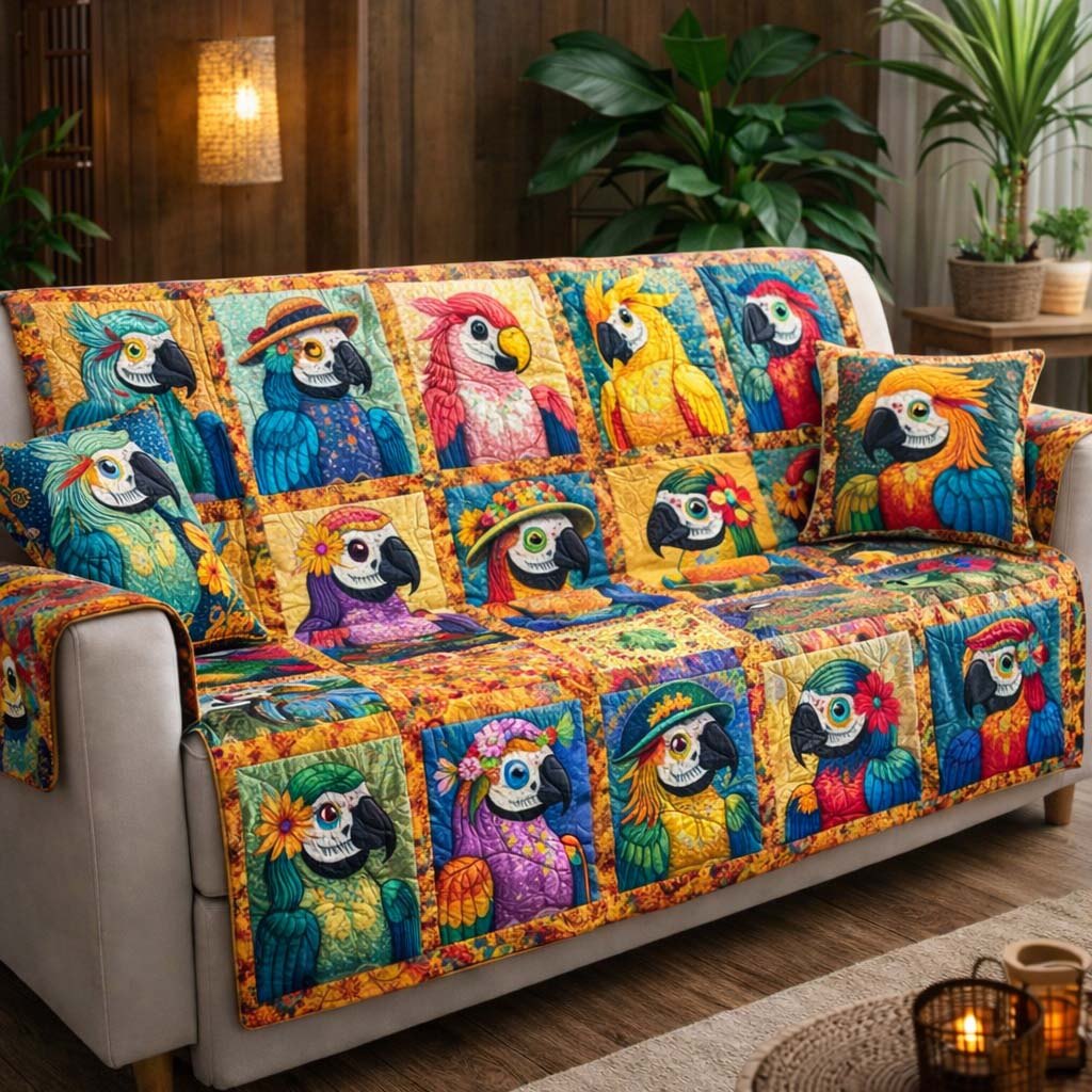 Parrot Portraits in Colorful Blocks Sofa Cover