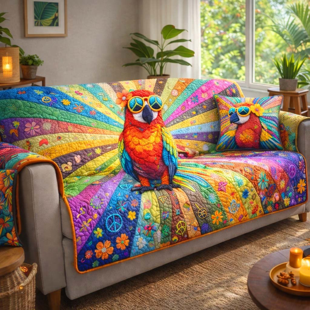 Parrot in Sunglasses on Rainbow Rays Sofa Cover