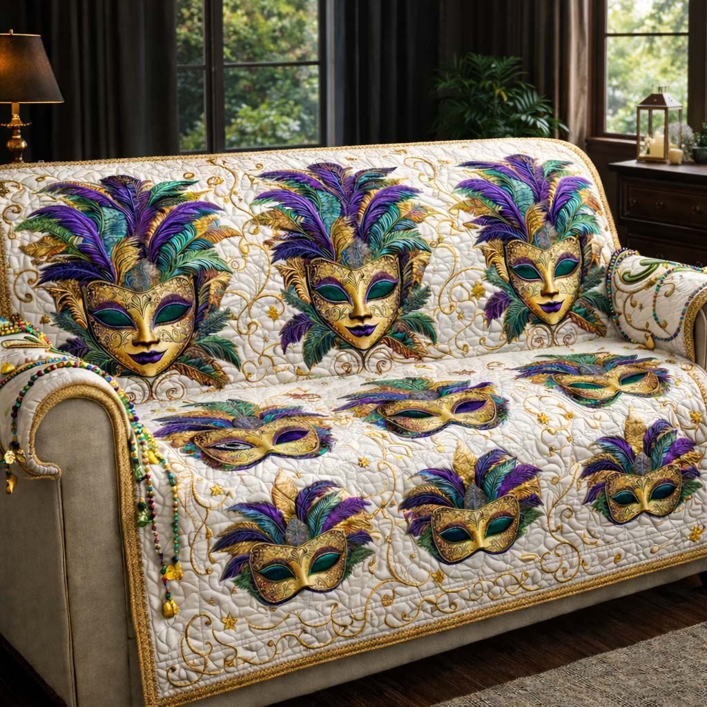 Feathered Carnival Masks on Cream Sofa Cover