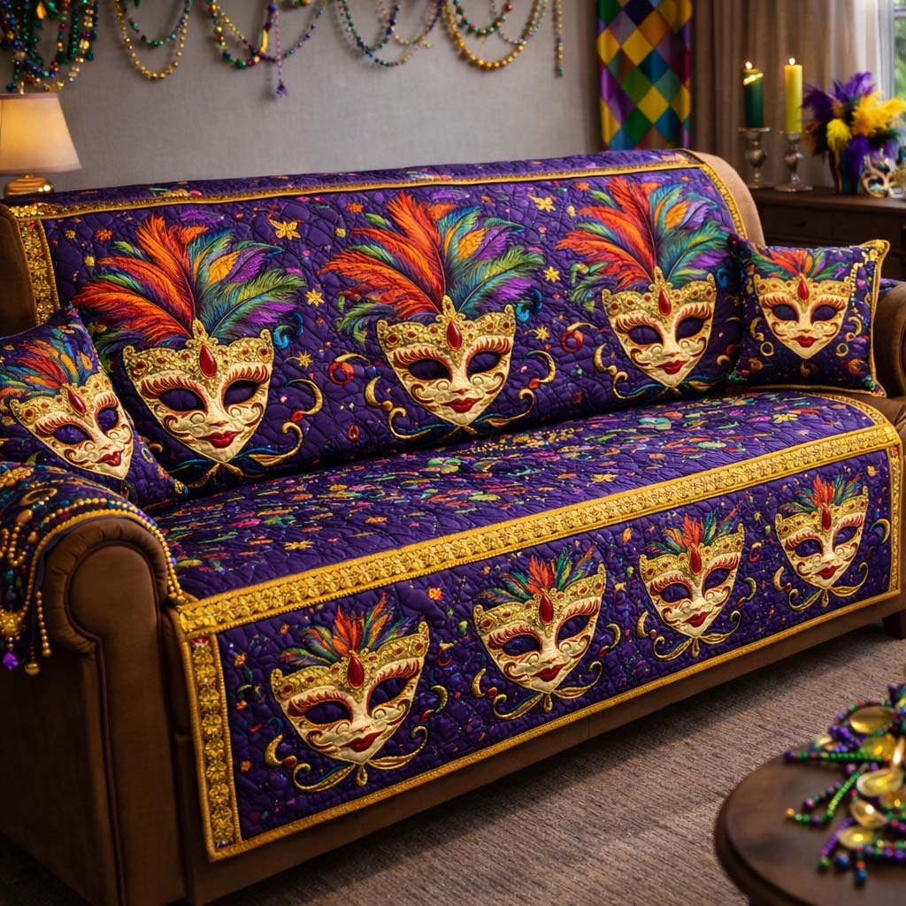 Bright Feather Masks on Purple Sofa Cover