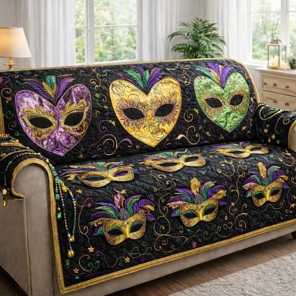 Carnival Masks on Black and Gold Sofa Cover