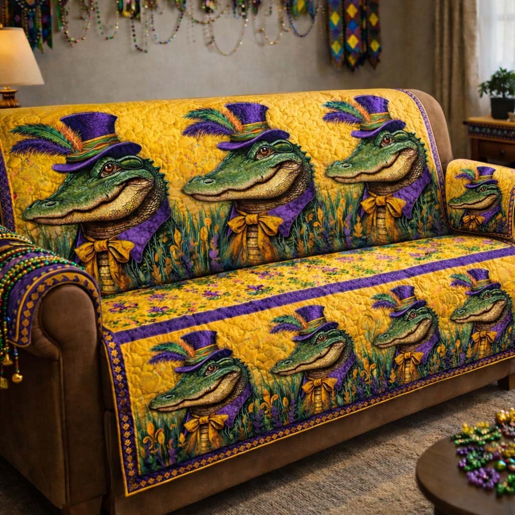 Alligators in Purple and Gold Sofa Cover