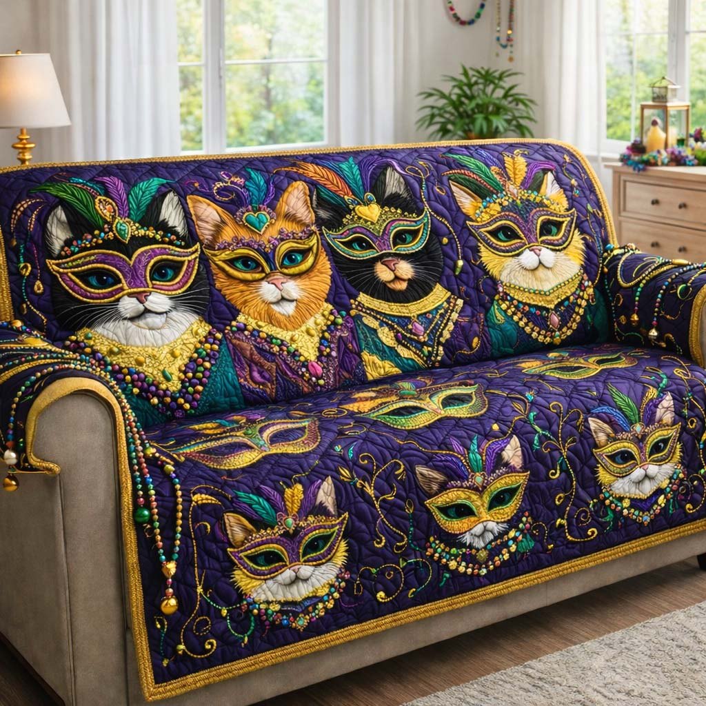Masked Cats with Carnival Beads Sofa Cover