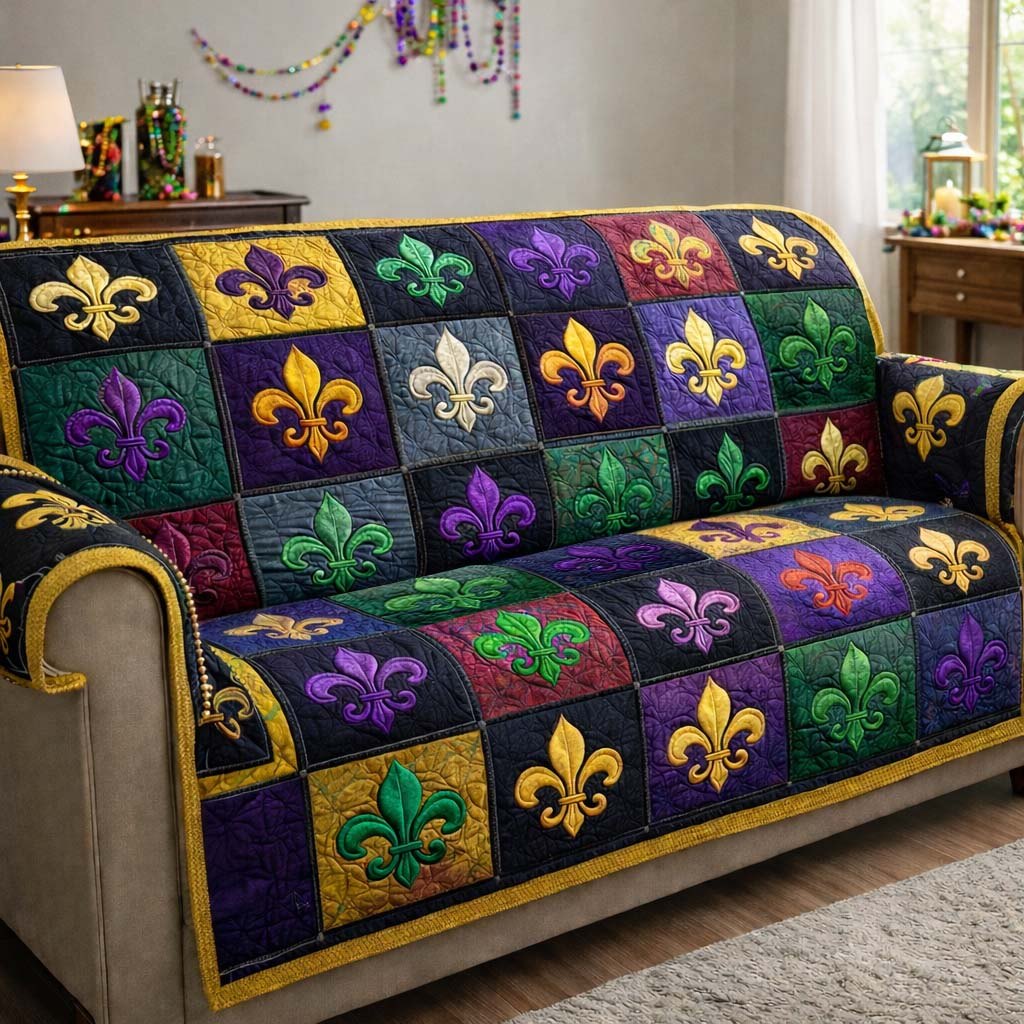 Fleur de Lis Checkerboard Squares Sofa Cover