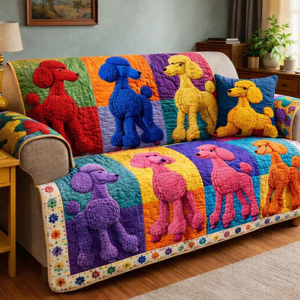 Colorful Poodle Walk Sofa Cover
