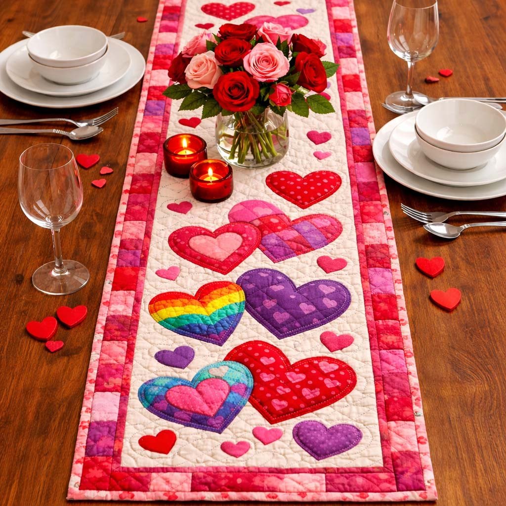 Rainbow Heart Parade Table Runner