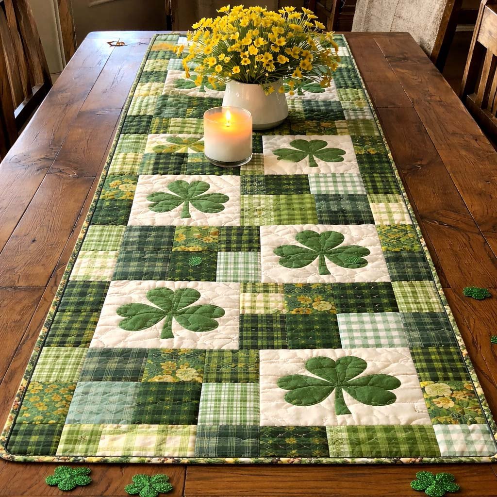 Green Shamrock Patchwork Squares Table Runner