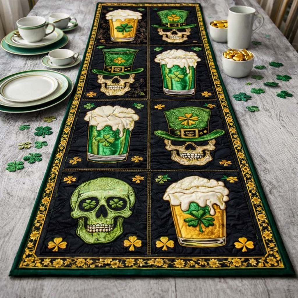 Green Skulls and Beer Mugs Table Runner