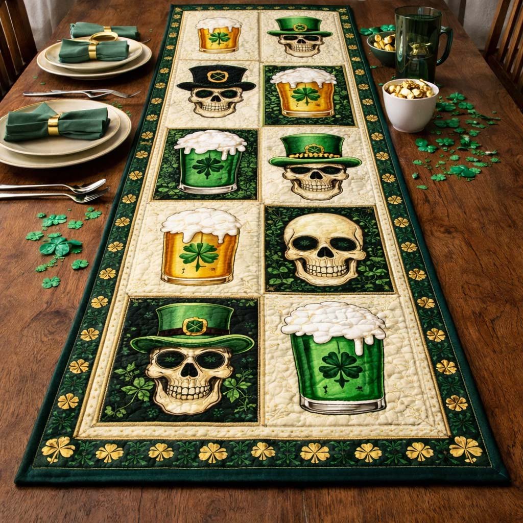 Skulls and Ale Blocks on Green Table Runner