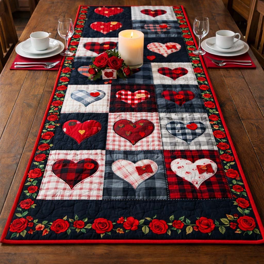 Patchwork Heart Charm Table Runner
