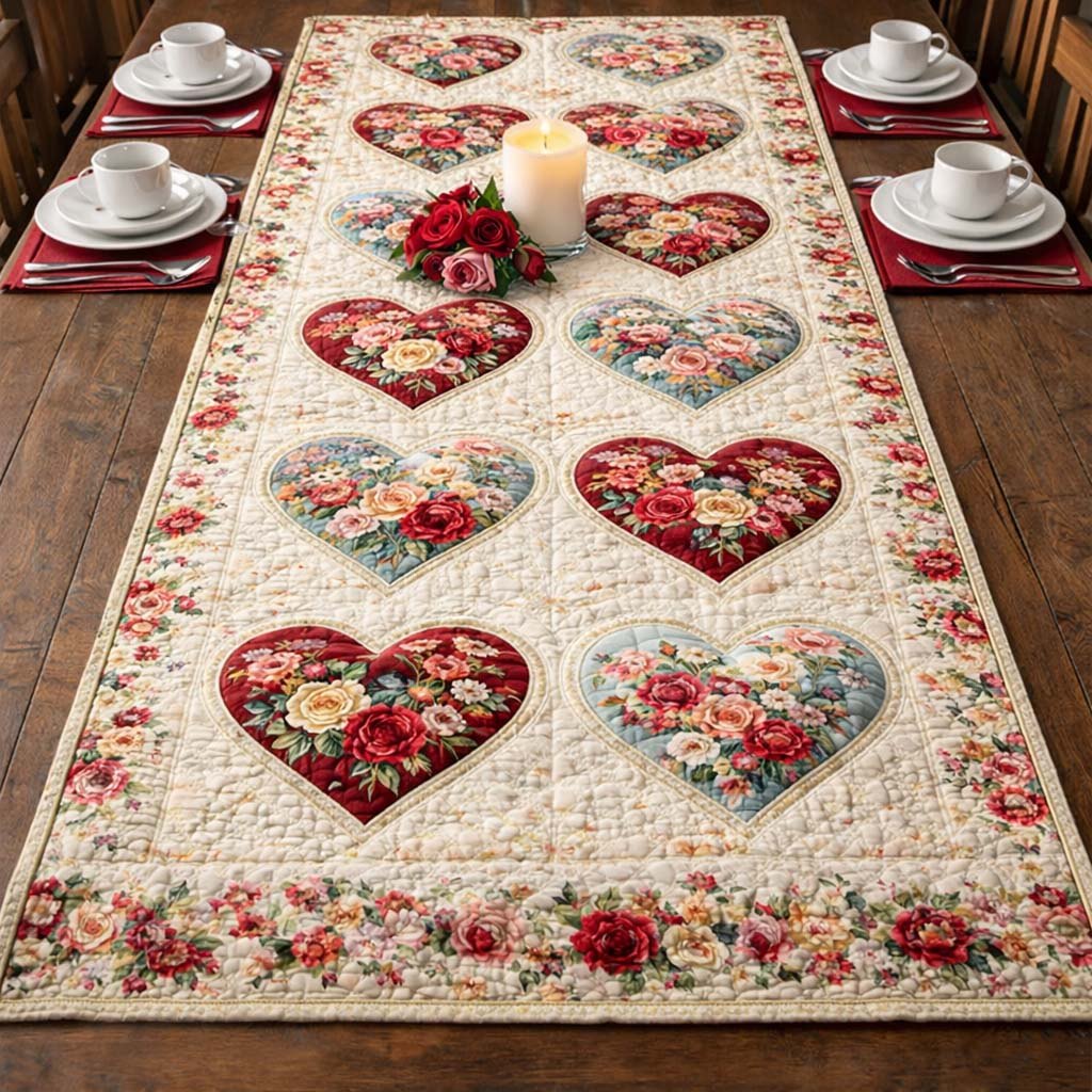 Vintage Rose Hearts Table Runner