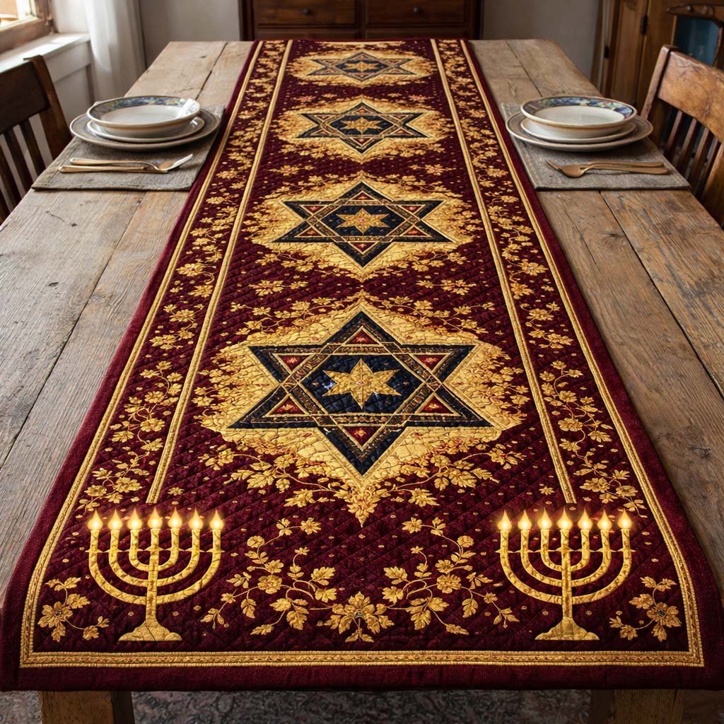 Golden Menorahs on Burgundy Medallion Table Runner