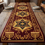 Golden Menorahs on Burgundy Medallion Table Runner