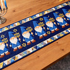 Holiday Gnomes with Menorahs on Blue Table Runner