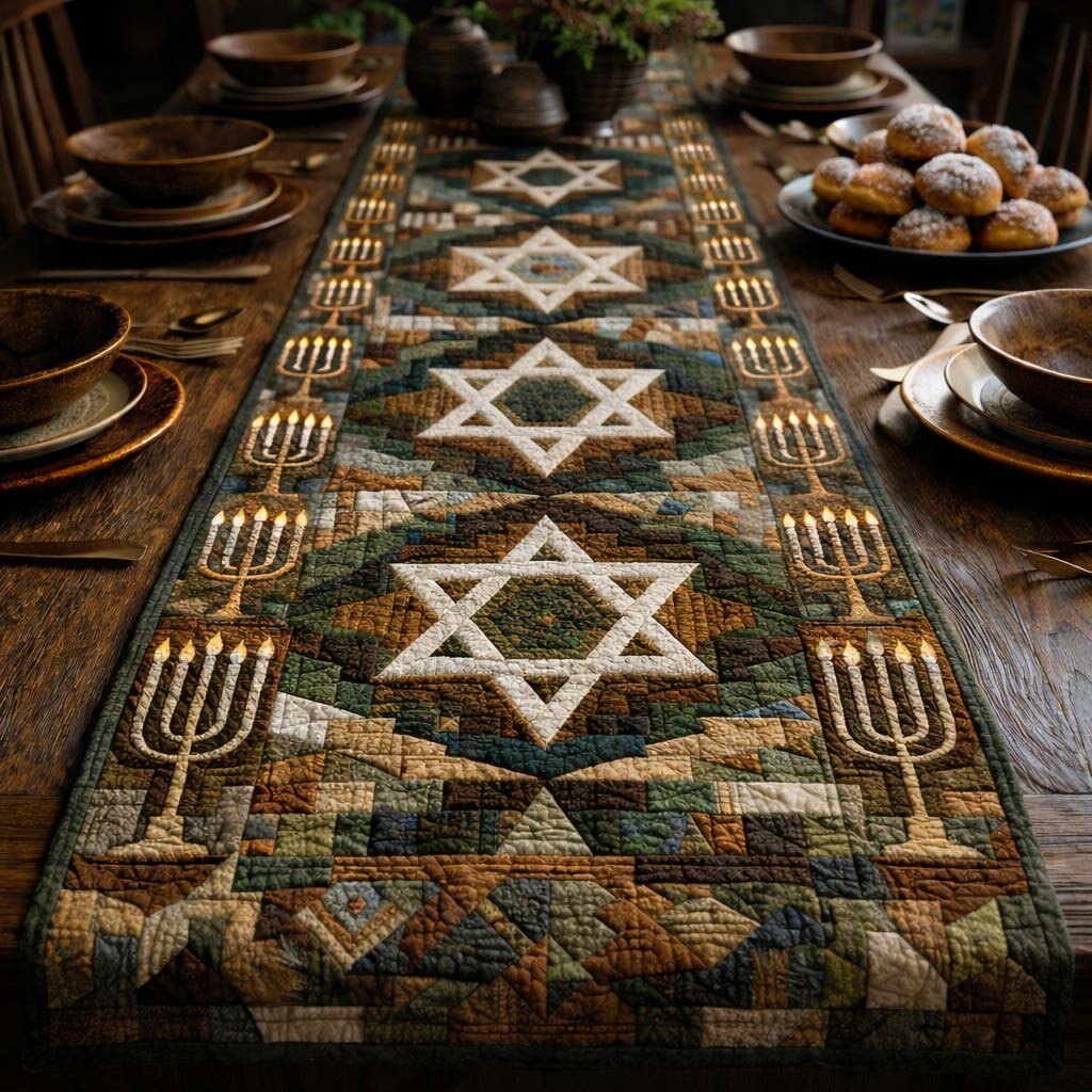Star of David with Olive Menorahs Table Runner