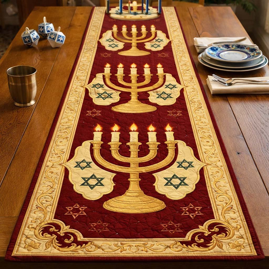 Two Menorahs on Red Panel Table Runner
