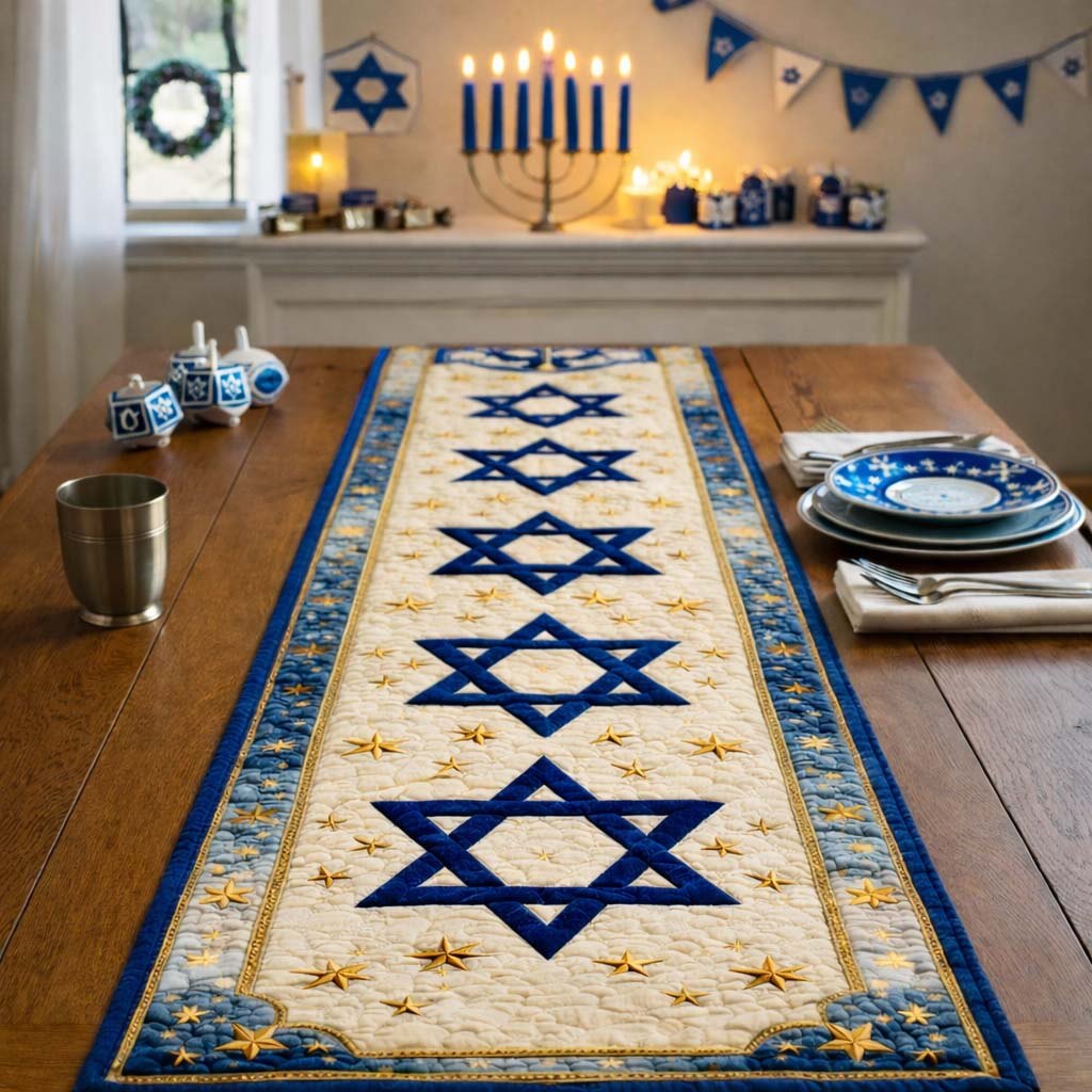 Blue Stars of David on Ivory Table Runner