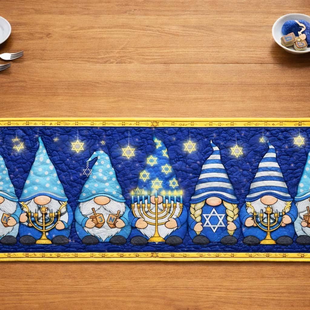 Blue Gnomes with Dreidels and Candles Table Runner