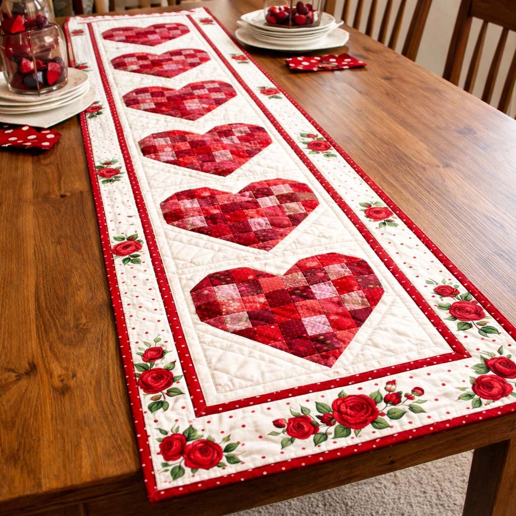 Red Patchwork Hearts on White Table Runner