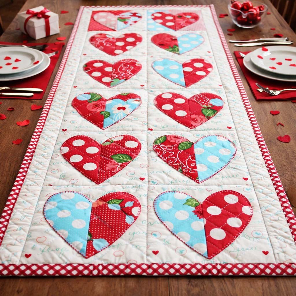 Printed Hearts in Red Squares Table Runner