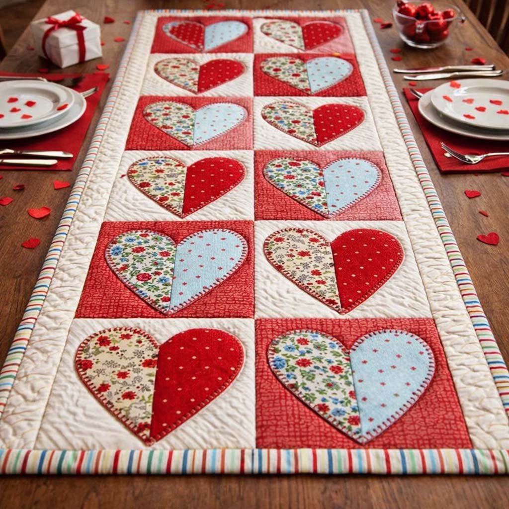 Red and Blue Floral Hearts Table Runner