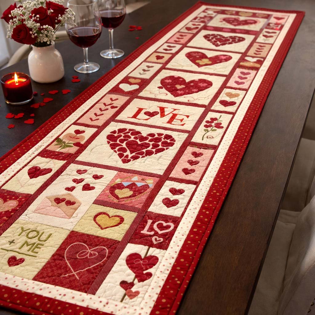 Love Hearts Valentine Blocks on Cream Table Runner